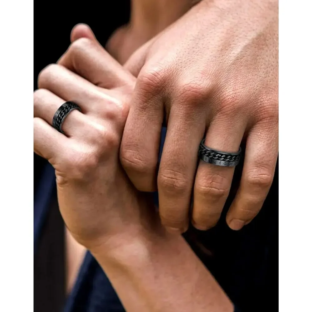 Black Spinner Ring Size 13 – Chain Link Design – Rune Engraved – Men’s Ring